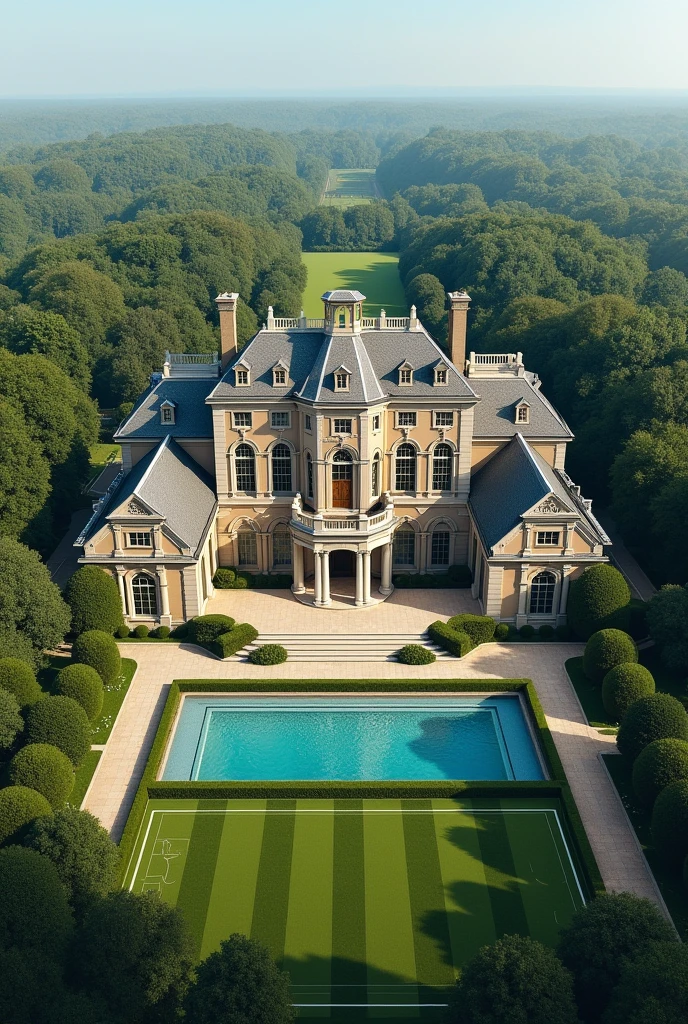 The house on the outside is a big house, in the back part of the house it has a soccer field, a semi-Olympic pool, inside the house it has 5 bedrooms, 6 bathrooms, 2 living rooms, a kitchen, and a dining room.