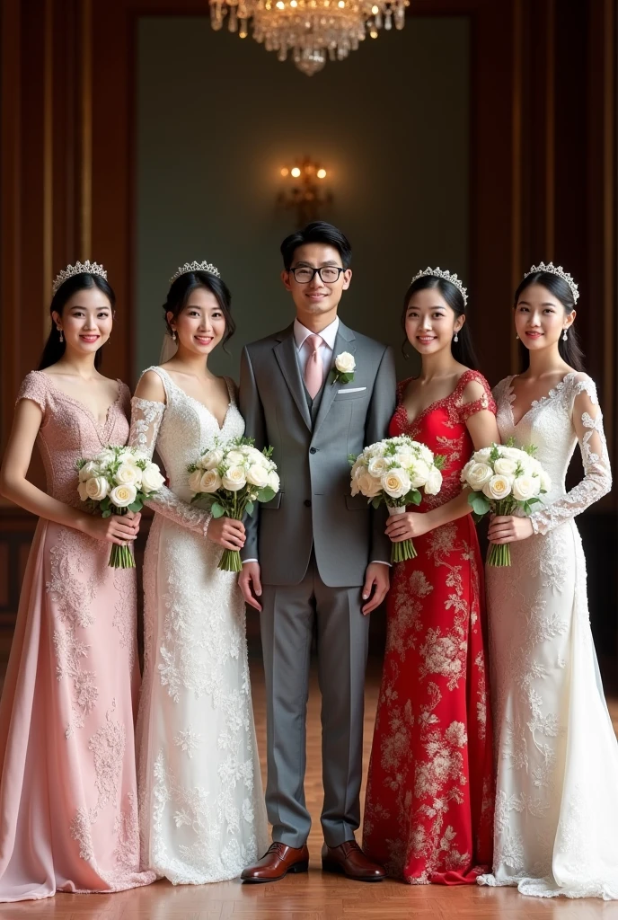 Five beautiful brides. The first bride wears a white Thai wedding dress. The second bride wears a white Laotian lace wedding dress. The third bride wears a gray Japanese cloud pattern wedding dress. The fourth bride wears a pink South Korean swan pattern wedding dress. The fifth bride wears a blue Taiwanese sea pattern wedding dress. Along with the groom wearing a gray suit and glasses from Thailand, standing and posing for a photo. The bride holds a white rose and smiles beautifully.