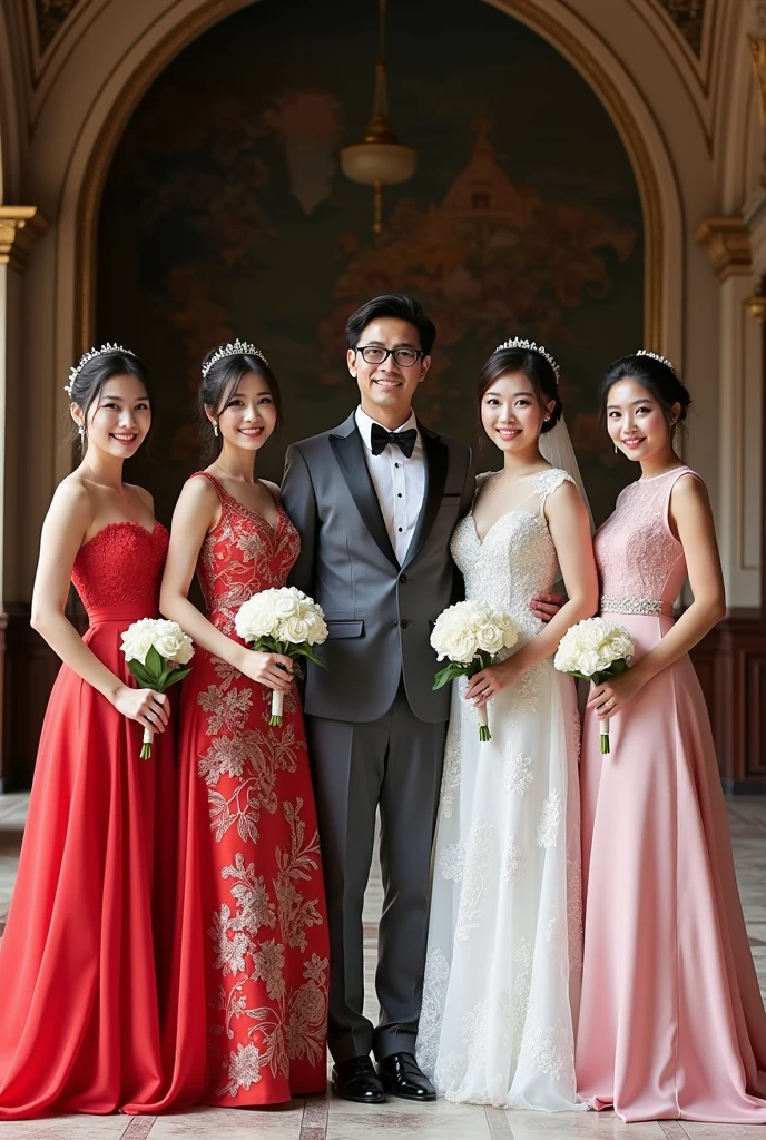 Five beautiful brides. The first bride wears a white Thai wedding dress. The second bride wears a white Laotian lace wedding dress. The third bride wears a gray Japanese cloud pattern wedding dress. The fourth bride wears a pink South Korean swan pattern wedding dress. The fifth bride wears a blue Taiwanese sea pattern wedding dress. Along with the groom wearing a gray suit and glasses from Thailand, standing and posing for a photo. The bride holds a white rose and smiles beautifully. 