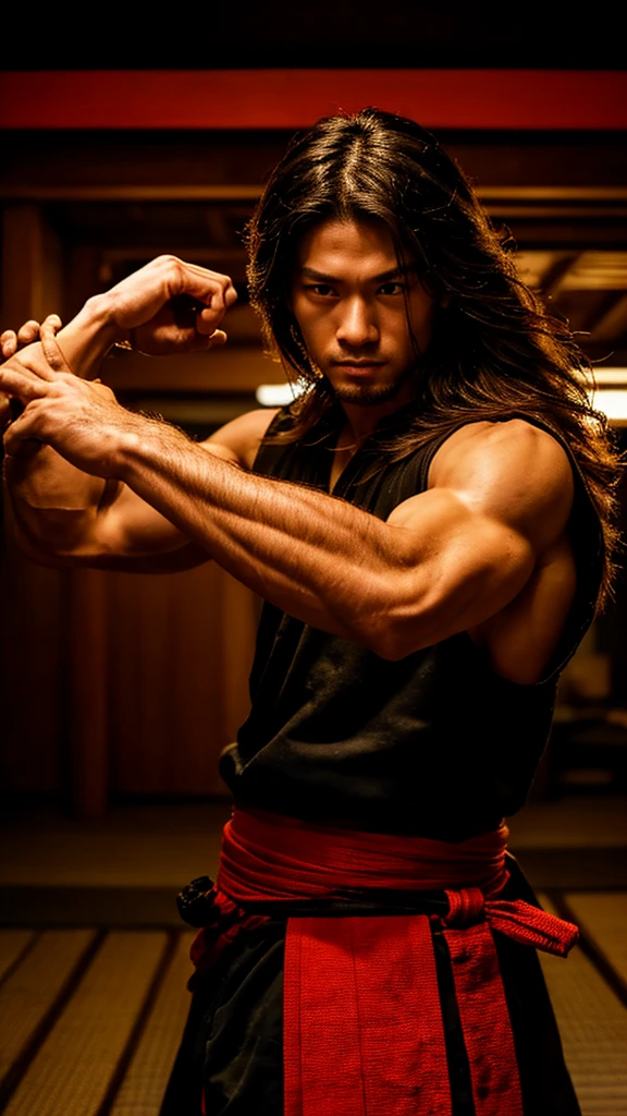 Young Samurai, please stretch your arms, Realist:1.3,( fPhoto, Realist, 8k, RAW Photos, Premium Quality, masterpiece, Great lighting, Centered Images), (Dynamic Movement, Dynamic Fighting,), (2 Knives), Fight with two swords, whole body, (Disheveled brown long hair), (Handsome Japanese young man, 1, Be confident、Trained muscles., Wildman and his body in perfect detail), View your viewers, cyber punk, Warrior, Tokyo, Shibuya Ward,