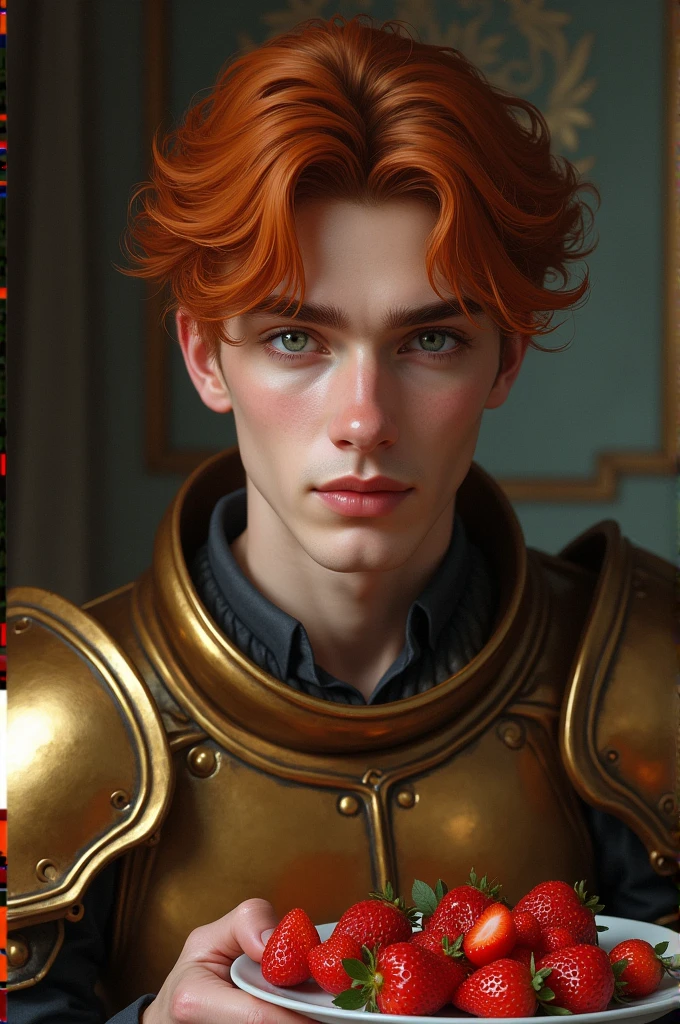 young man of twenty years. male. deep orange and wavy hair. big gray eyes. oval face. defined eyebrows, straight nose, thick lips. he wears bronze armor. he is eating delicious strawberries.