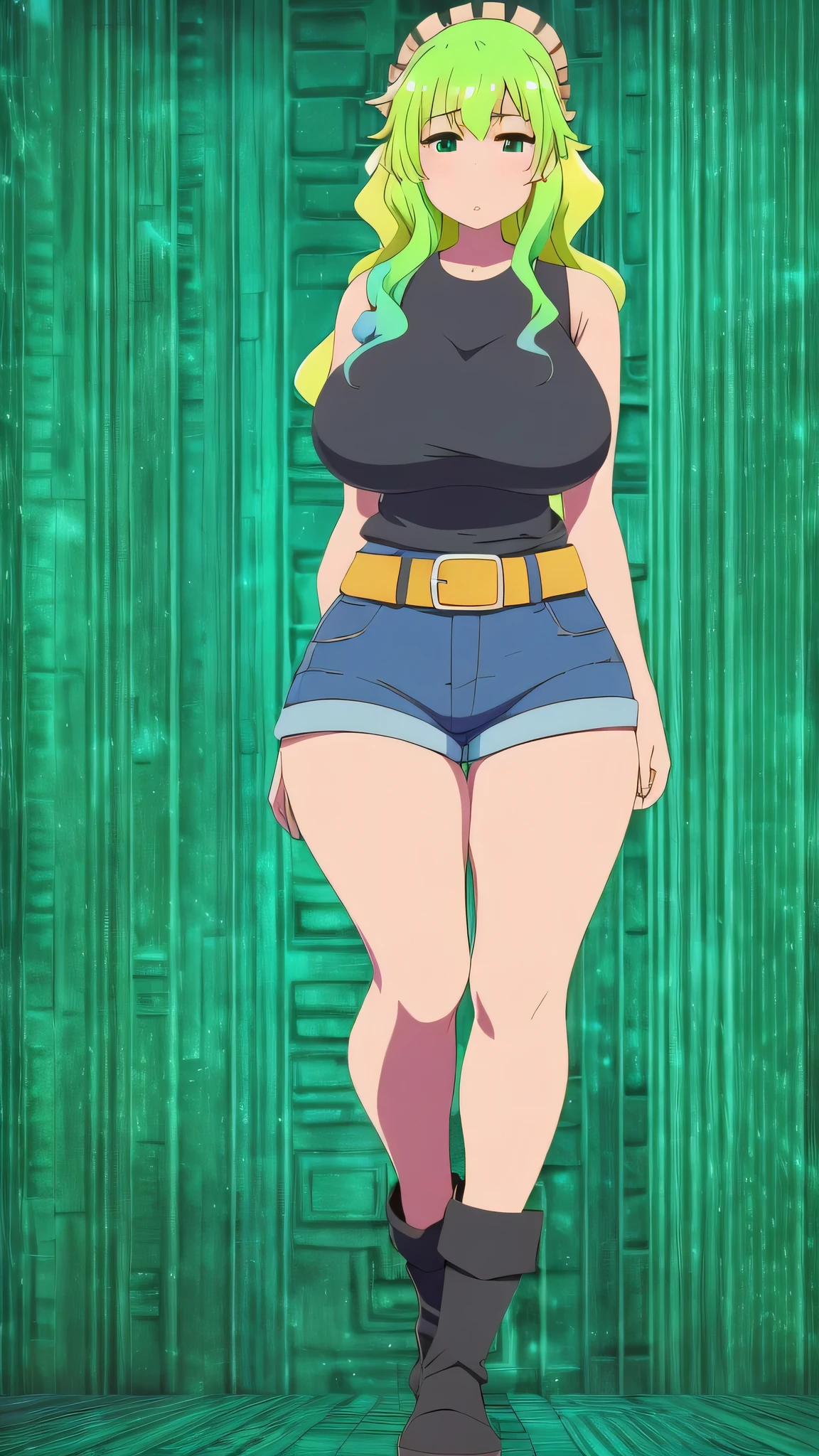 A tall sensual girl with big breasts sexy show yellow to light blue green colorful hair wears black sleeveless shirts and a blue denim shorts brown belt big thighs black shoe Aztec Mayan background