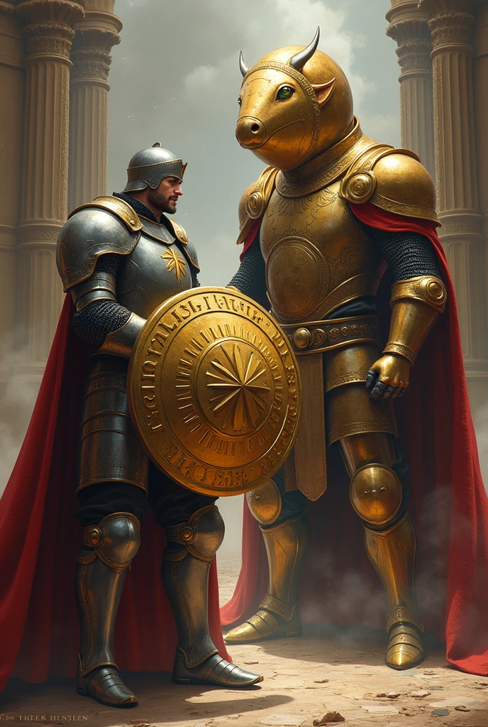 knight in shining armor and a beautiful coin-shaped shield in hand and a king with a large head in the shape of a coin, both ready to attack.