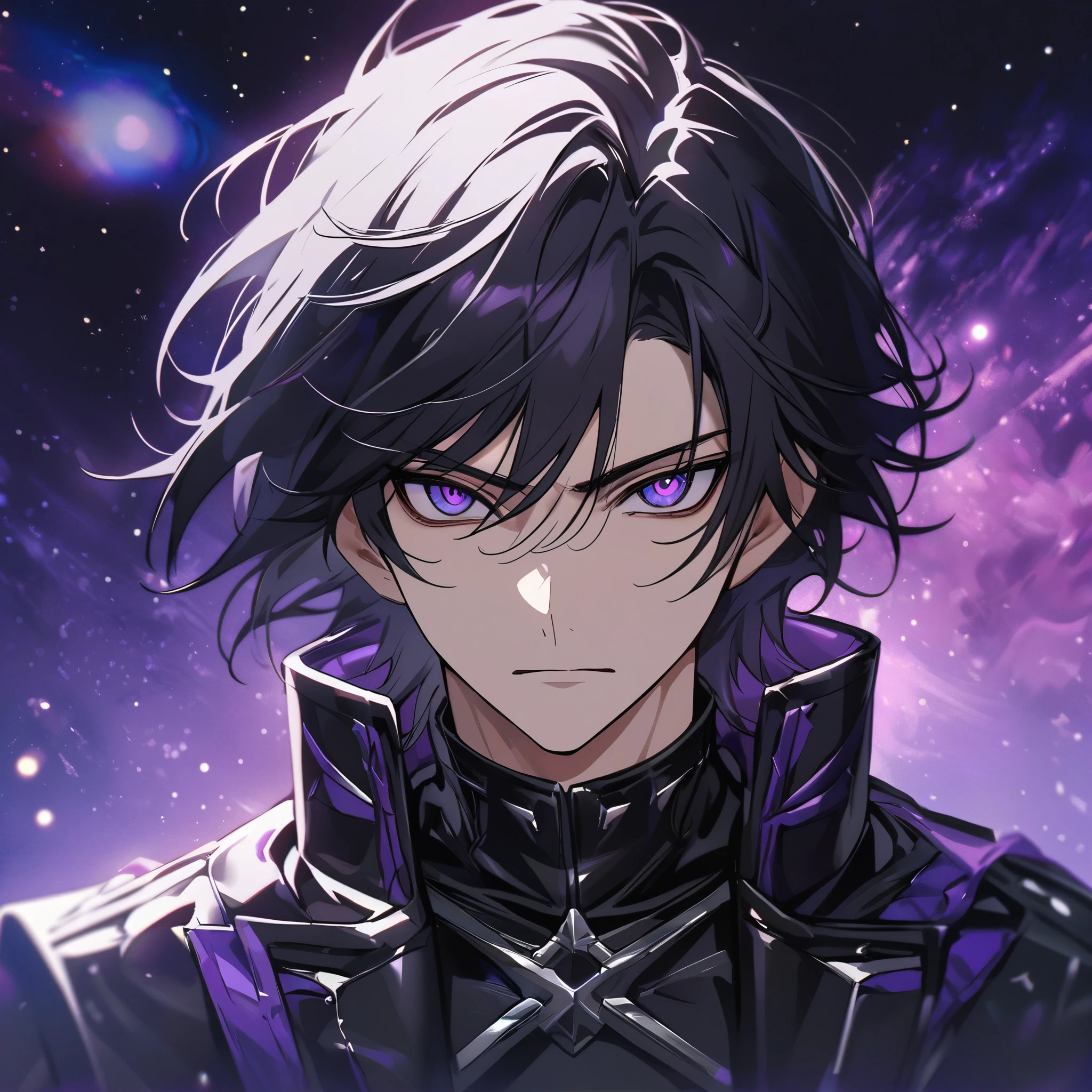 High quality, HD, 4k, no shadows, handsome male, handsome, extremly handsome, 1male, 1 male, teenager, pure black hair, short black hair, dark hair, black hair, jet black hair, sharp eyes, deep purple colored eyes, dark purple colored eyes, deep violet eyes, violet eyes, devil may cry, close up, calm expression, stoic expression, black leather clothes, black leather clothing, leather clothing, lean body, well trained body, upper body, looking at viewer, cowboy shot, white solar, space background