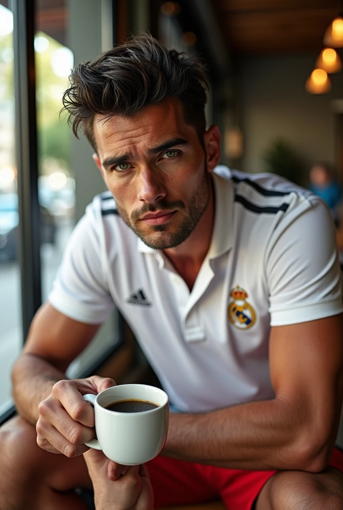 (photorealism:1.2), (8k) (detailed) (Whole body) Give me a man, facial features: square face with a pronounced jawline, prominent cheekbones and thick, dark eyebrows. Adds youth to your appearance. hair: hair oscuro, usually combed back or styled slightly tousled, which can vary between short and medium. eyes: eyes verdes oscuros, with a penetrating look that expresses confidence, with hoops on each side. Complexion: slim and well defined. height 1,80, which gives it an imposing presence. style: Your style of dress: Real Madrid polo shirt, red shorts. Skin tone: Skin tone bronceado, typical of the Mediterranean. Expression: He usually has a serious or concentrated expression., Although he can display a charming and confident smile. (Sitting having a coffee) (High resolution), (4k).