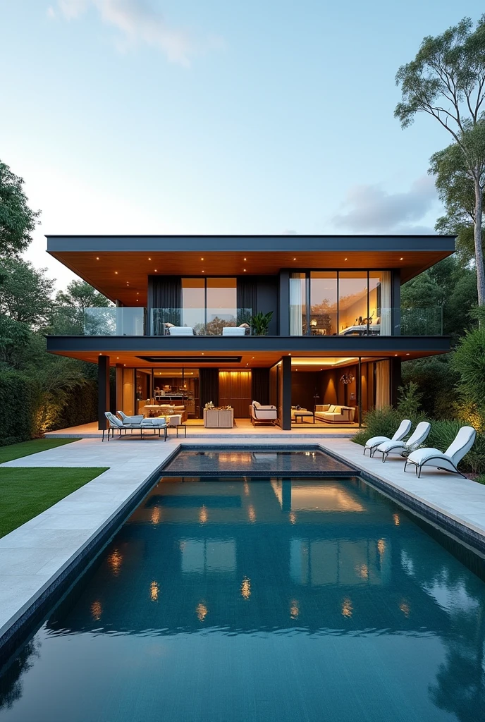 The house on the outside is a big house with a moderna style, in the back part of the house it has a soccer field, a semi-Olympic pool, inside the house it has 5 bedrooms, 6 bathrooms, 2 living rooms, a kitchen, and a dining room.
