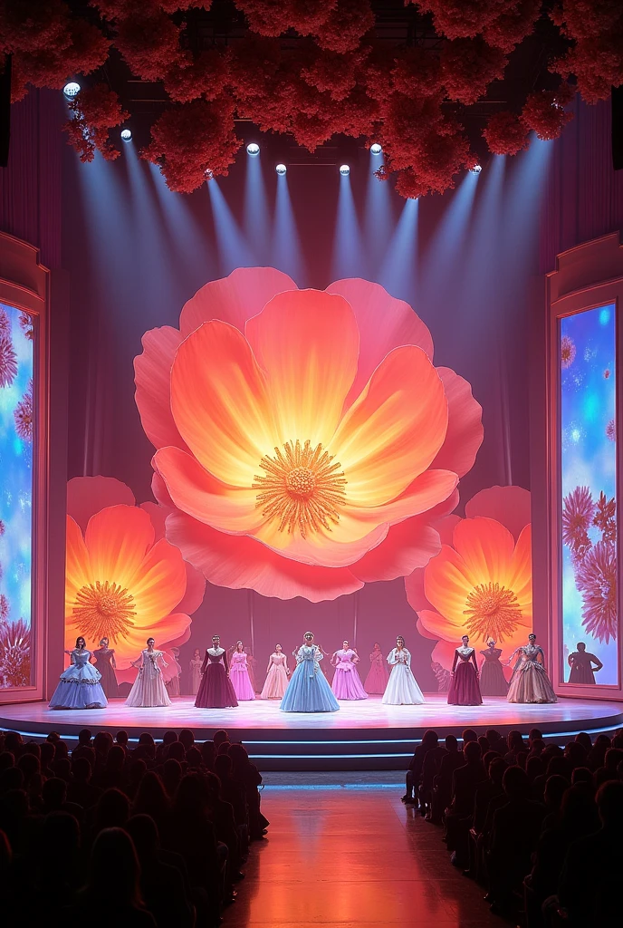 Create a front stage design for pageantry with a big flower petal motif and LED screens