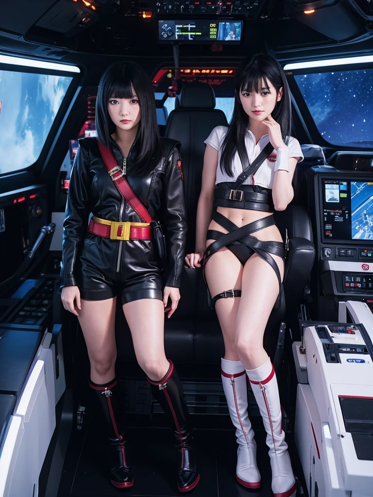 Japanese Sentai heroine,Black Hair,The spaceship's cockpit,He is fully secured in the black seat by a thick black harness belt.,Plump,Holding the lever,