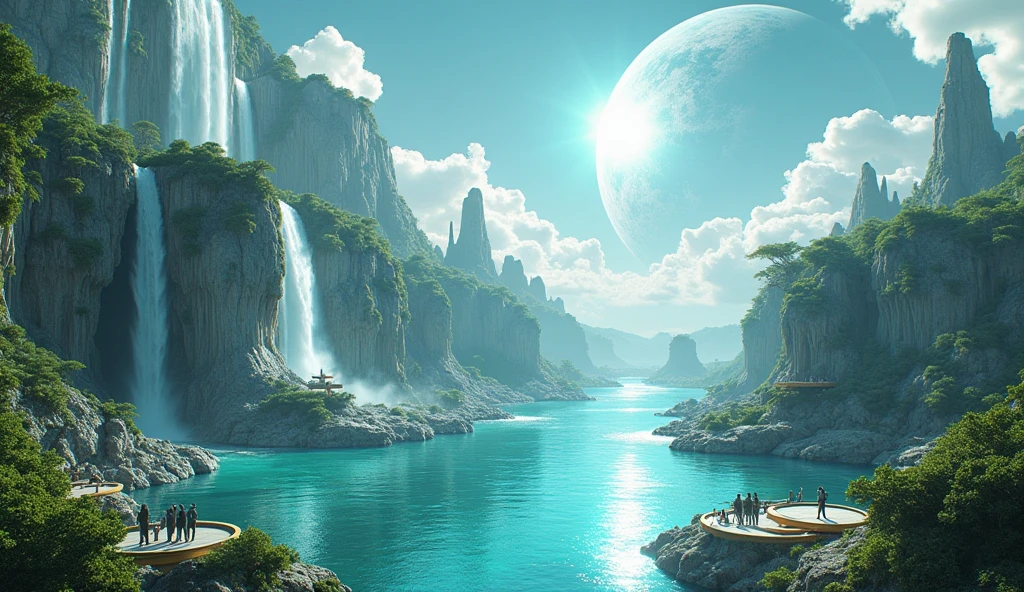 Isometric perspective view. Immerse yourself in a paradise world, enlightened and rich, where the purity of the air and the cleanliness of the environment create an atmosphere of unparalleled serenity. A large nearby planet adorns the crystal-clear sky, complementing the natural beauty of the landscape. Majestic waterfalls flow constantly, serving as the heart of this paradise. The inhabitants of this world, beings similar to humans but more beautiful, tall and elegant in their walk, They live in perfect harmony with nature. Their R Style homes. h. Giger, They are mega futuristic, They are perfectly integrated into the natural environment, merging with the flora and fauna that surrounds them. the sun shines brightly, making the waters sparkle with an almost magical glow. The temperature is ideal, further beautifying the air, while the inhabitants of this place enjoy an eternal and happy existence. The film presents an intricate and harmonious landscape, Captured in a hyper-realistic high-resolution image at 8K. every detail, from artifacts to natural elements, It is highly defined and focused, revealing the perfection of this alien paradise. The cinematography uses a superior wide-angle lens with the maximum possible aperture., allowing every aspect of the scene to be captured with stunning clarity and depth. The lighting is carefully designed in a professional film studio, ensuring that every corner of the stage shines with an ethereal light that enhances the beauty and peace of this world.. "Eternal Harmony" It is a visual journey to an alien paradise, a place where the perfection of nature and the harmony of its inhabitants create a world that seems to be out of time. It is the sunset that dyes the landscape pink and orange and in harmony with the environment, A reminder of what can be achieved when technology and nature coexist in perfect unity..