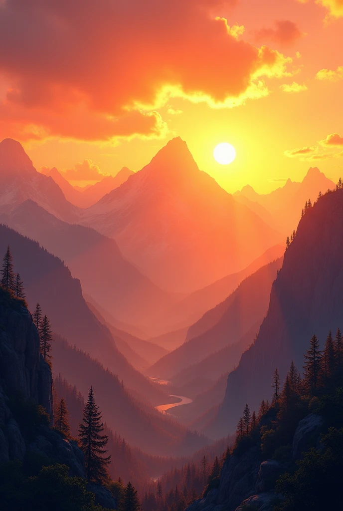 Beautiful landscape background, with mountains and a sunset filled with gold
