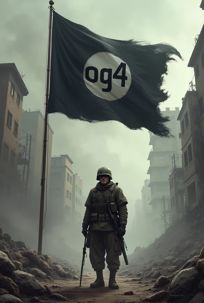 Soldier in uniform amidst the burning rubble of war with a huge black flag reading OG4