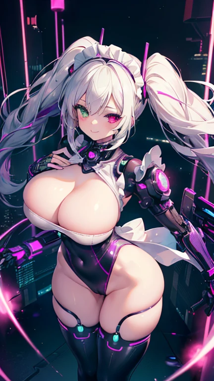 ((1girl)), (masterpiece, best quality), High resolution, Very detailed,4K,8k, ((Anatomically correct number of limbs),(Anatomically correct number of fingers)), (from above), ((seductive smile) ,(white hair,Long twin tails), ((maid),(cyber clothes),(Clothes with purple glitter lines),cameltoe), (heterochromia,(red eye,green eye))), ((big breasts),beautiful breasts,curvy),((Late Night),Cyberpunk cityscape,Vibrant neon glow), (spoken heart)