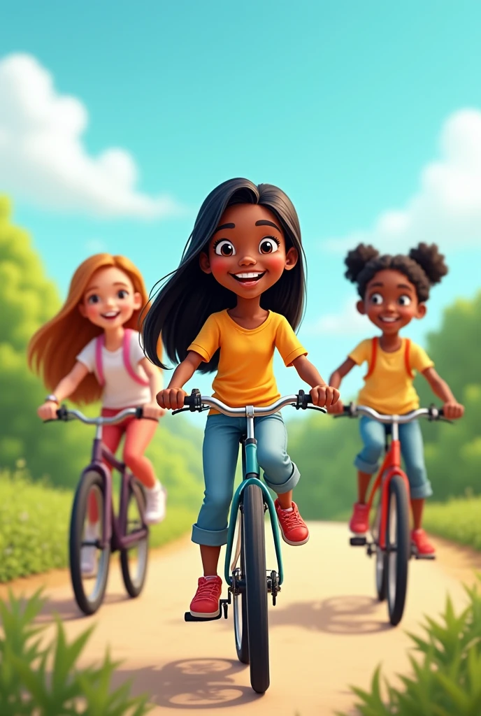 A cartoon dark skinned girl with straight hair riding a bike with her friends and happy