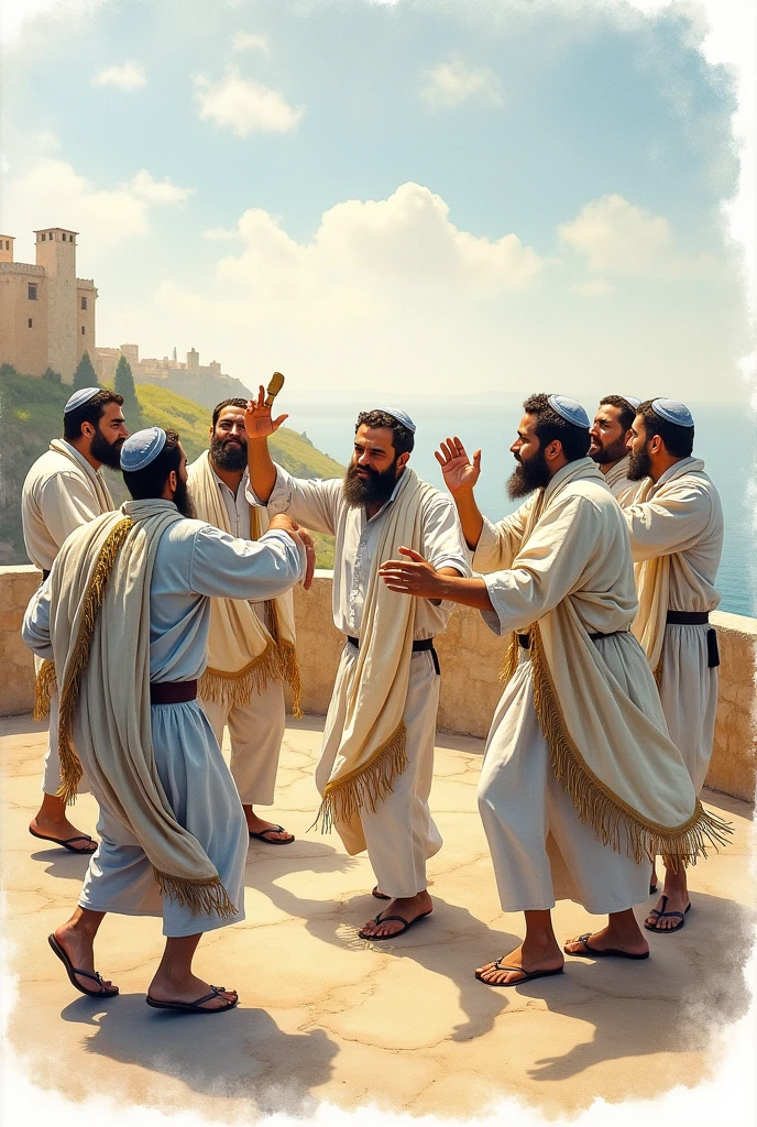 Create a watercolor image where 7 men with tzitzit dance while another blows the shofar