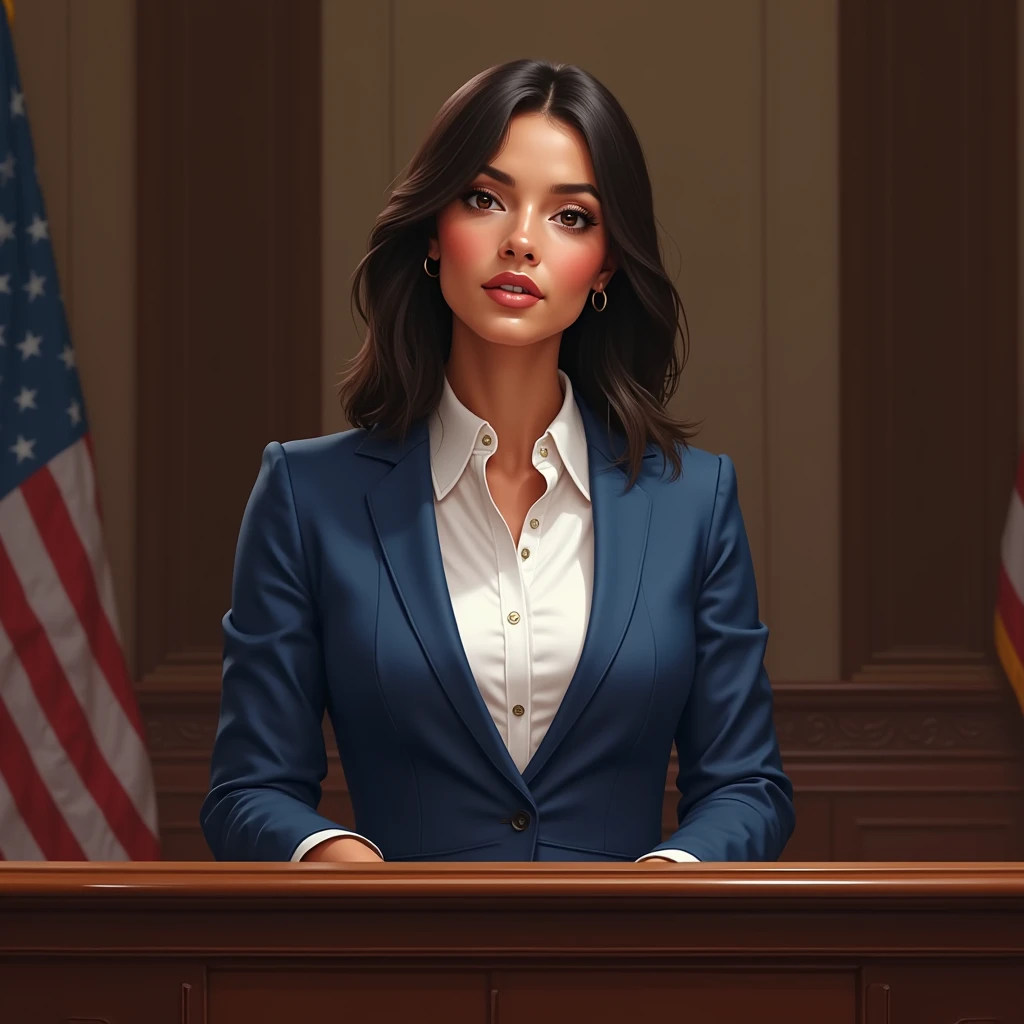 masterpiece, best quality, 1 woman, solo, beautiful faur-skinned African and Asian mixed 6, slightly overweight, shoulder length straight hair, standing in modest white button down shirt and business blue pantsuit standobg at podium addressing congress