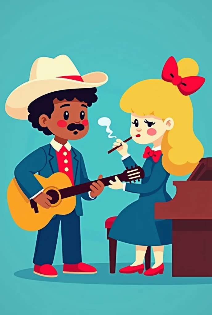casal formato hello kitty,the man with short curly hair, white cowboy style hat, pele chocolate, with a mustache, blue suit, red dress shirt, calça azul Red Shoe, with a guitar,the woman with light beige skin,blonde hair with long topknot, blue long sleeve dress , with red bow at the neck, Red Shoe,playing piano ,WITH A CIGARETTE ,blue background
