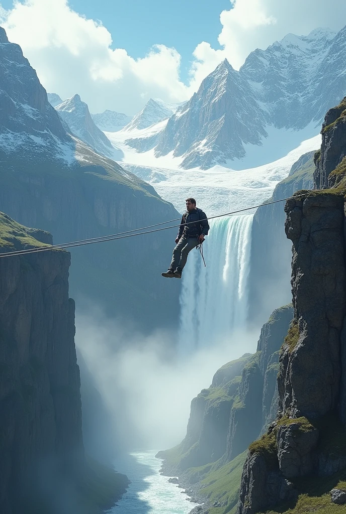 A man passing through the waterfalls with a zip line, and the mountains of snow