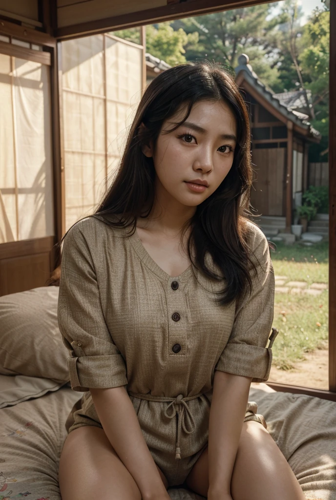 1girl, beautiful detailed female korean woman, young, korea, east asia, east asian face, ulzzang, short, thicc, natural, natural lashes, no makeup, glistening sweat, thin face, cute face, light skin, traditional clothing, arafed woman, korean farmer, korean harvest, korean rural travel, korean woman, traditional korea, rural korea, in bed, makeshift bed, fields, impoverished, disheveled, farmer, farming, messy thick luscious hair, jet black hair, tied short hair, traditional hairstyle, detailed face, penetrating eyes, beautiful detailed lips, extremely detailed skin, detailed clothing, colorful clothing, (best quality,4k,8k,highres,masterpiece:1.2),ultra-detailed,(realistic,photorealistic,photo-realistic:1.37), natural lighting, warm color tones, cinematic composition, used condoms