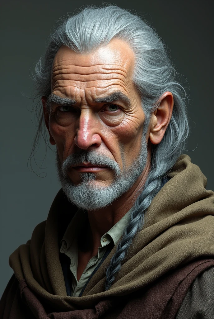 "Create an ultra-realistic and highly detailed portrait of Belgarath the Sorcerer from David Eddings' 'The Belgarath'. The character should appear as a man in his late 50s to early 60s, with a medium stature and a lean physique. His face should be deeply wrinkled, showing the signs of his extensive age, with penetrating gray eyes that convey wisdom and depth. He has long, gray hair, which is either loose or tied in a simple ponytail. His attire should be practical and slightly worn, reflecting his status as a traveling sorcerer. Include elements like a rugged, textured cloak and subtle magical symbols on his clothing. Ensure the image has high detail, realism, and cinematic lighting to highlight the textures and nuances of his appearance. Use terms such as: high detail, realism, cinematic lighting, UHD, retina, masterpiece, accurate, anatomically correct, textured skin, super detail, high quality, best quality, highres, HD, 4K, hyper-realistic, and intricate."