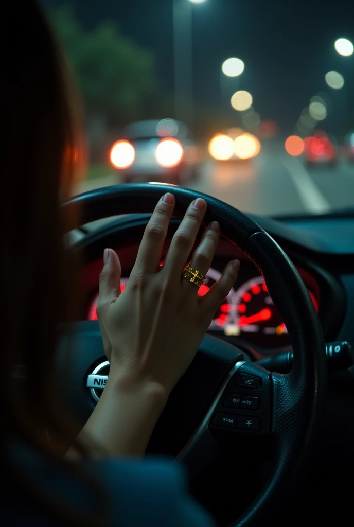 You can create a photo of a brunette girl's hand, on a Nissan brand car steering wheel as if she were driving the photograph must be very realistic with the road at night with cars in the background and as if the photograph had been taken by herself, The hand must have a round-shaped ring with several gold crosses around it, but the photo must be taken by the girl herself.