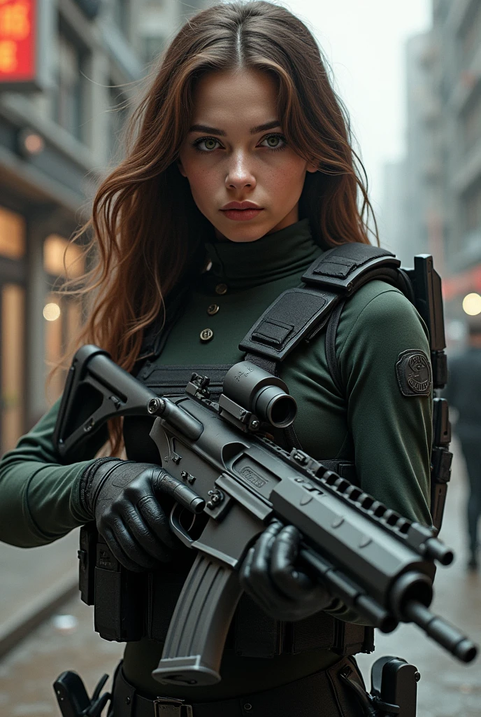 A young woman with brown hair and green eyes wearing a bulletproof vest and a gun 