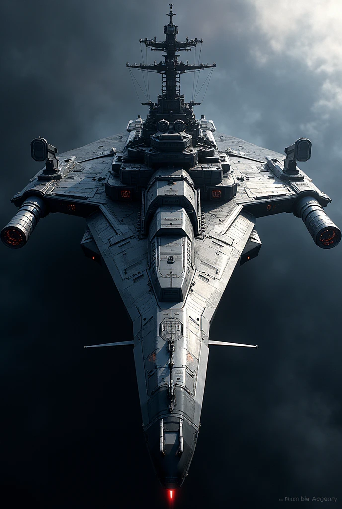 Spaceship.This ship resembles a destroyer..There is a control tower for controlling the ship..There are two turrets on the bow,It's an energy gun..There's a jet engine in the stern.