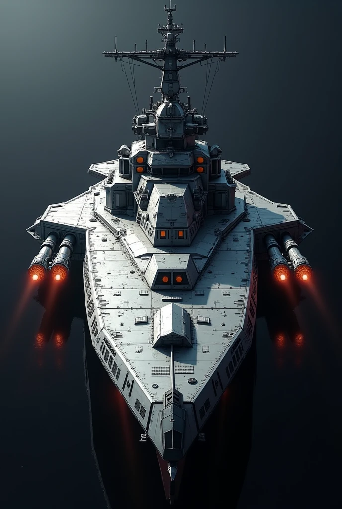 Spaceship.This ship resembles a destroyer..There is a control tower for controlling the ship..There are two turrets on the bow,It's an energy gun..There's a jet engine in the stern.