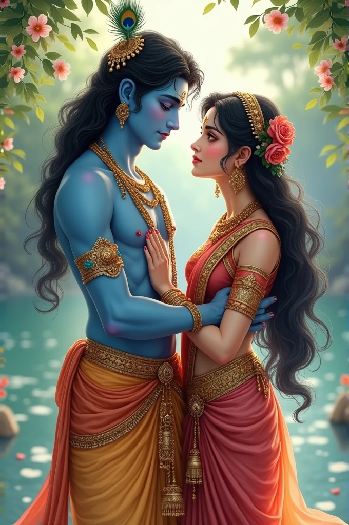 Lord Krishna and Radha photo looking sanskari and beautiful.create a anime of that 