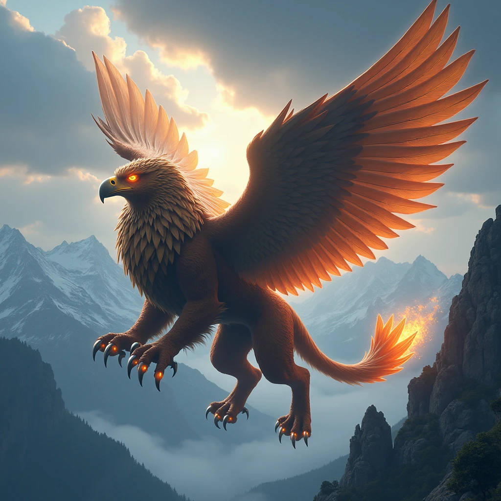 A Griffin，He has an eagle&#39;s head.，Human Warrior Upper Body，Lion&#39;s lower body，Spread your wings and glide, Gliding posture, Glowing orange eyes，Glowing steel orange tail, Iron Claw, Bright colors, It soars in the storm, The beautiful Alps in the distance,，Very detailed, Realistic photos