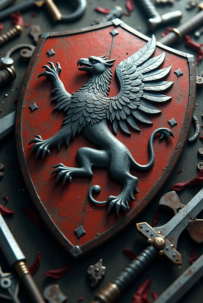 griffin carved in a war-shield, scattered among a bunch of weapons of war, intricate detailed, inevitable colors, best quality, 8k
