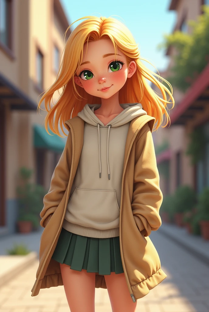 A girl who appears to be  wears a sweatshirt , tennis , coat ,green eyes and blonde hair with freckles and a mole on her chin 