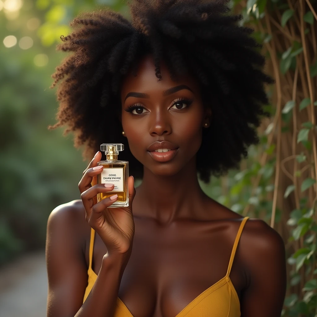 a beautiful ebony-skinned woman, holding a perfume bottle, soft natural lighting, simple blurred background, natural hair and subtle makeup, delicate perfume bottle design, vivid colors, lifelike details, realistic and unpolished, elegant and authentic, (best quality,4k,8k,highres,masterpiece:1.2),ultra-detailed,(realistic,photorealistic,photo-realistic:1.37),portrait,natural setting,warm atmosphere,bokeh background