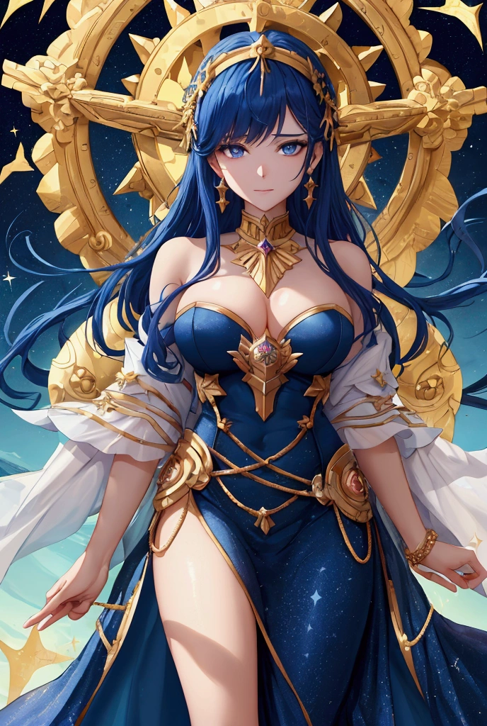 ( Absurd , high quality , Super detailed, Watch your hands )Zodiac sign - Goddess of Sagittarius , Similar to the goodness of Latin . Optimistic, fair, Funny and intelligent face . recklessness, Ruthless, impatient, Overconfident style . Dark blue eyes (Eye details) , Sparkling deep blue hair , Transparent dress , In the sea of shining stars , whole body , Nature of fire , God Chiron
