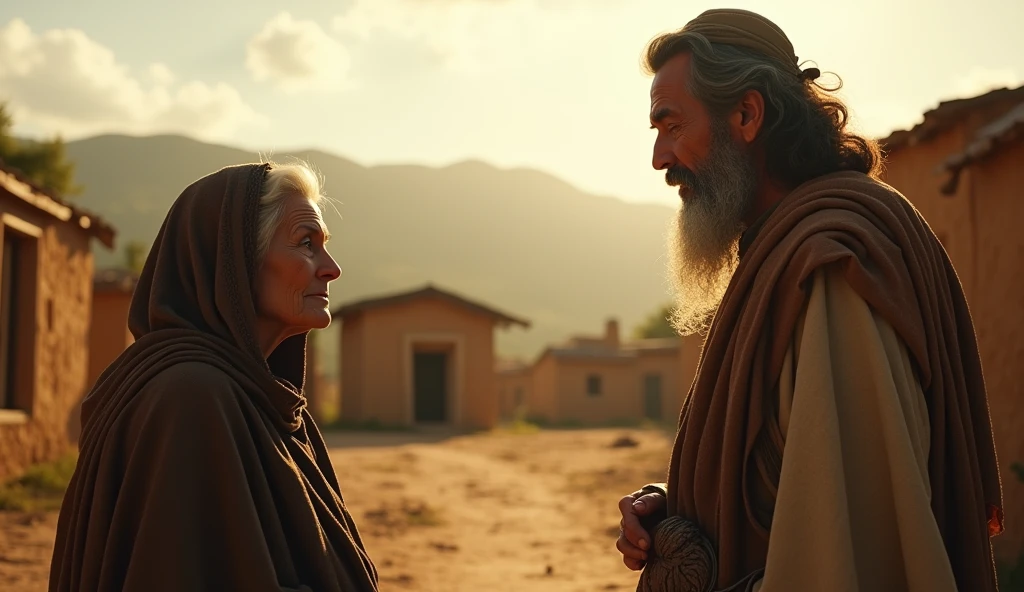 Biblical image of the widow talking to the prophet Elisha, very grateful, realistic 8k cinematic 