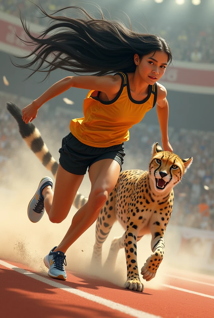 A high school girl races with a cheetah、Sprinting、Black Hair、Shortcuts、Jersey、Sprinting、Real、Bold composition、とてもRealな描写、photograph、Beautiful girl。