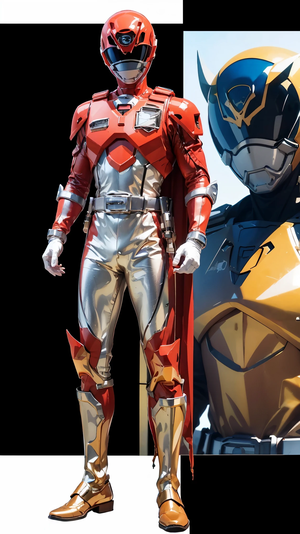 1boy, full body, Illustration, cinematic light, high resolution, best quality, ultra detailed, masterpiece, power suit, powerranger, suit, spd, (Silver and Gold chestplate), red and gold detail, (((white suit))),