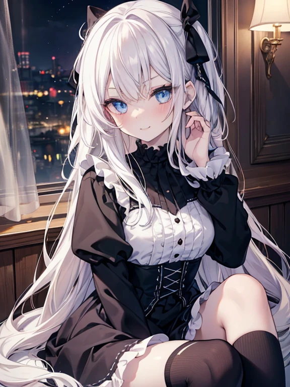 Tabletop, Highest quality, (Perfect Face:1.1), (Attention to detail:1.1), (Ultra-detailed eyes), dramatic, Ultra-thin illustration, Very detailed, One Girl, teenager,(Pale skin), Long white hair, Psychic Eyes, blue eyes,blush,alone,smile, Happy, smile, enjoy, Open your mouth, Pouting,Cinema Lighting,Upper Body,look up, Leaning forward,Long sleeve, Gothicta, Frills, ribbon,Knee-high socks,indoor,night