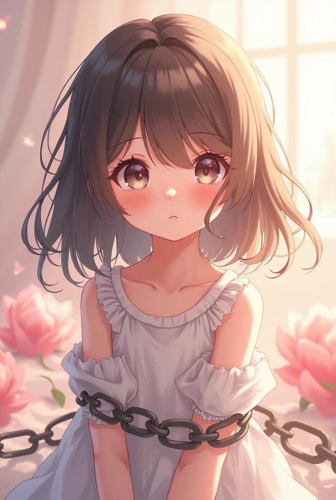 プロンプト: "Create a beautiful anime-style illustration of a young girl with a hint of innocence, bound by chains."
ネガティブプロンプト: "Avoid depicting any harmful or violent elements in the illustration. Focus on capturing the vulnerability and delicate nature of the girl instead."