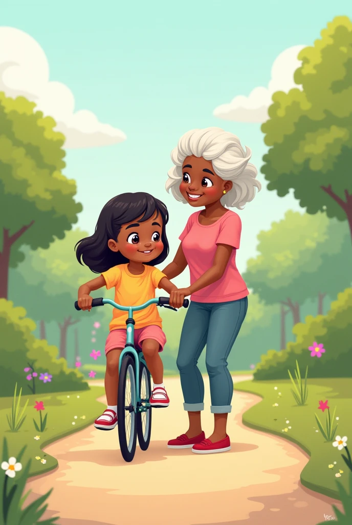 A cartoon dark-skinned girl with straight hair and her white-skinned grandmother helping her ride a bike