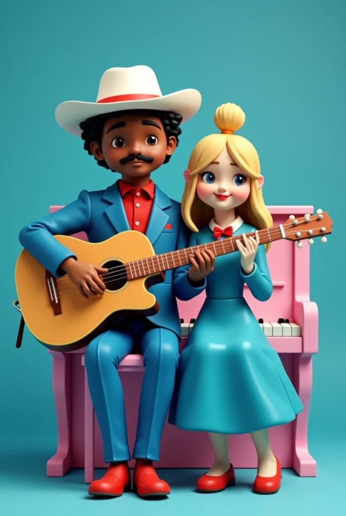 casal formato hello kitty,the man with short curly hair, white cowboy style hat, pele chocolate,no red cheeks ,with a mustache, blue suit, red dress shirt, calça azul Red Shoe, with a guitar,the woman with light beige skin,blonde hair with long topknot, blue long sleeve dress , with red bow at the neck, Red Shoe,playing piano ,WITH A CIGARETTE ,blue background