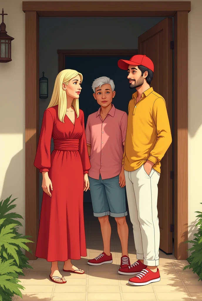 In a warm and inviting scene, Professor Petterson greets his parents at his modest monastic home. He is young and handsome dressed in his usual yellow dress shirt and white pants, exuding a calm and friendly demeanor. He has his traditional goatee.
His mother, a young and attractive woman with Channel-length blonde hair, wears a striking red dress that enhances her elegance and vibrancy. Her confident, welcoming smile highlights her pride in her son. Accompanying her is her husband, a youthful man in a casual pink shirt, denim shorts, and red sneakers. His relaxed attire, paired with a red cap, adds a laid-back, comfortable touch to the visit.
The background of the scene features the simple, clean lines of Professor Petterson’s monastic abode, with its understated yet inviting interior. The lighting is soft and natural, reflecting the cozy and personal atmosphere of this family reunion.