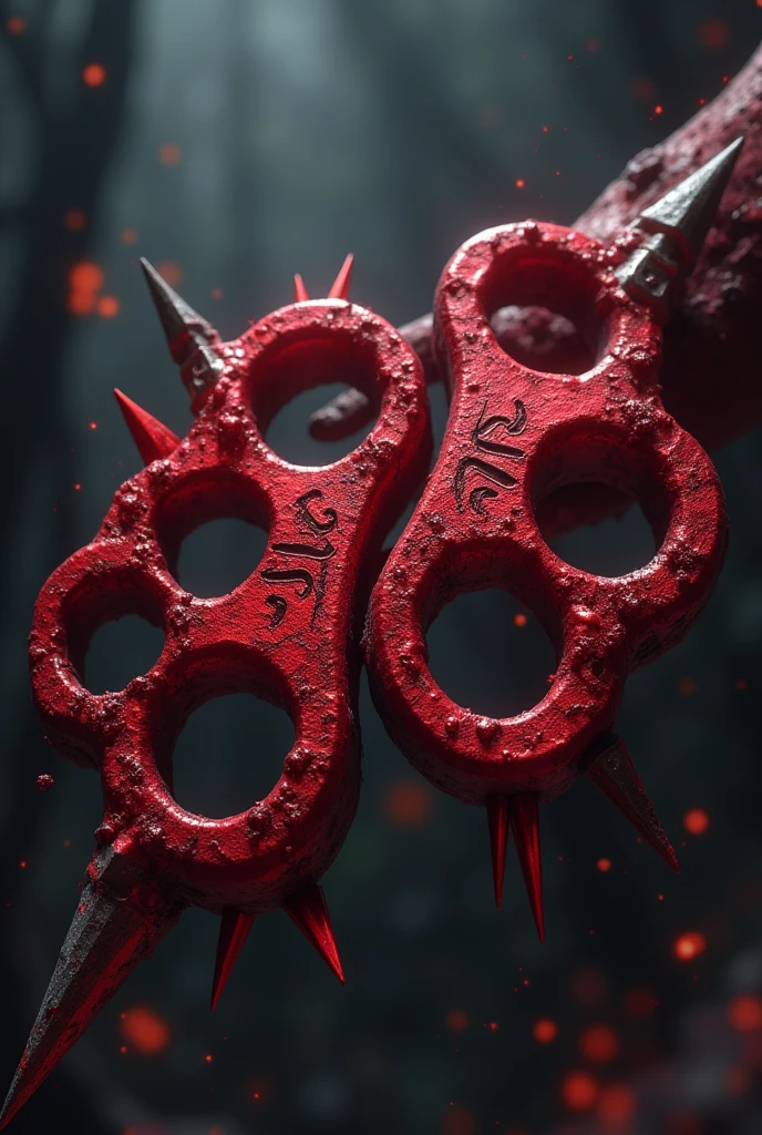 two brass knuckles made of a bright red metal and engraved with various Blood symbols with blood spikes at the ends and veins pulsing on their surface. drawn and animated