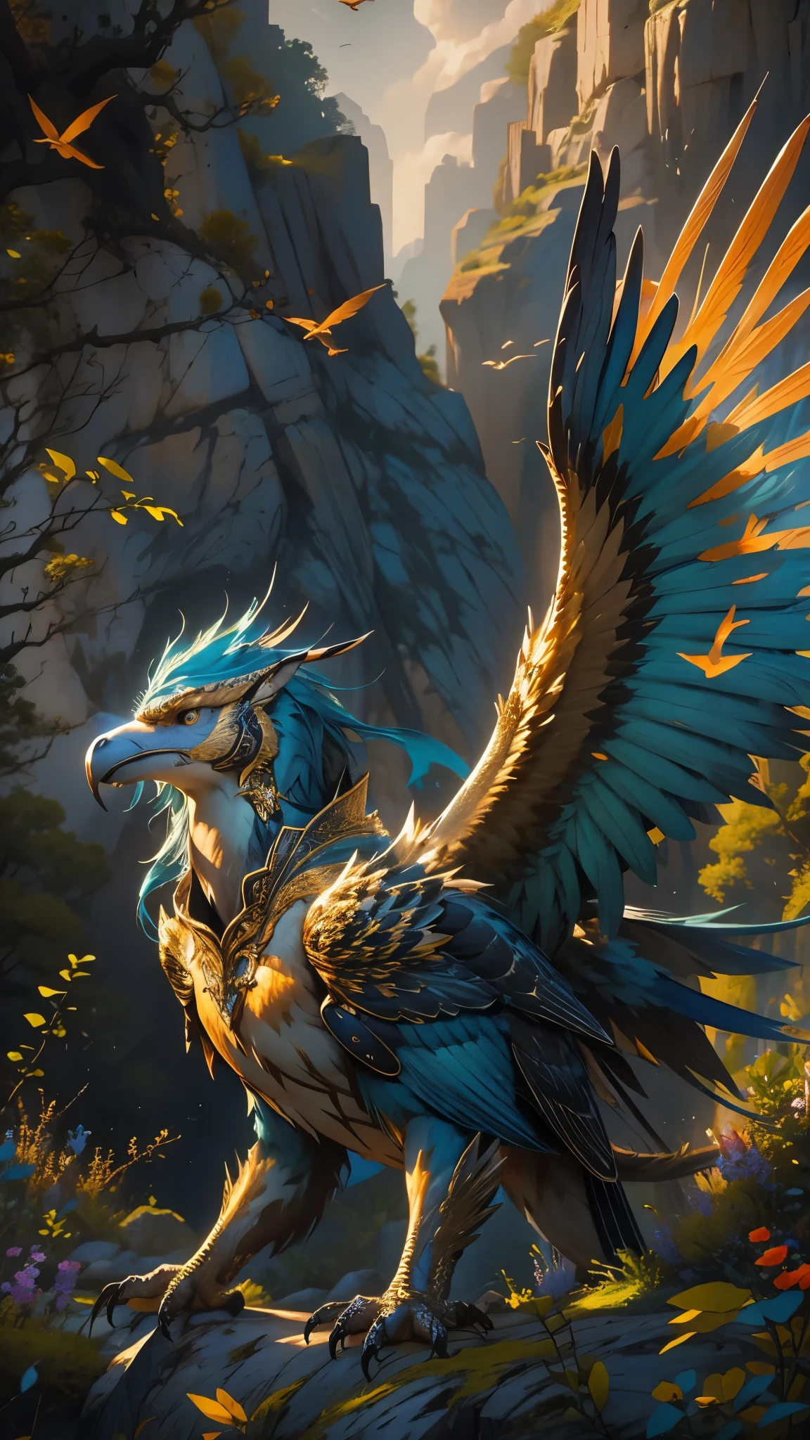 a beautiful griffin, photorealistic, detailed intricate feathers, sharp beak and talons, powerful muscular body, majestic wings spread, flying over a lush fantasy landscape, dramatic lighting, cinematic, epic, vibrant colors, detailed texture, highly detailed, 8k