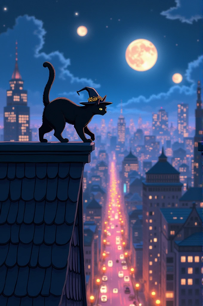 Create an ultra-delicate AI, with great image encryption, in which a black cat wearing a witch&#39;s hat is walking across the rooftops of a busy city, the night, where several lights of different colors are sparkling, with tall and low buildings, streets, and a beautiful, fictional sky with three moons, the image must be of anime category 