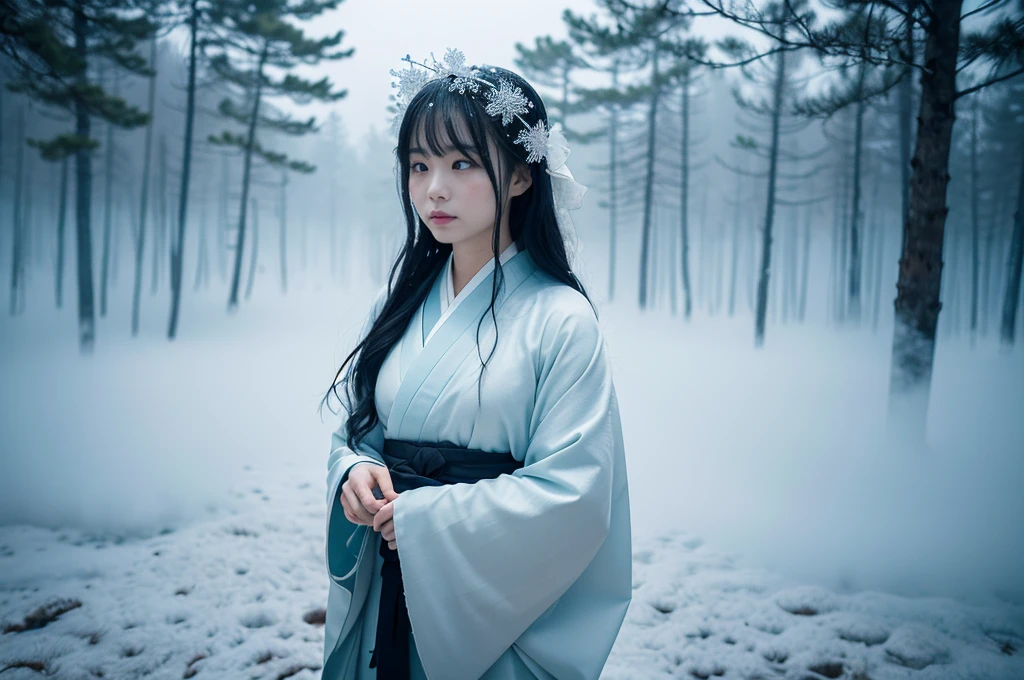 **Prompt:** Capture an ultra-realistic 8K resolution image of Yuki-onna, the mythical snow spirit from Japanese folklore, reimagined as the subject of the ultimate ghostly photograph while retaining her iconic features. Yuki-onna appears as a ghostly figure, with her signature pale, almost translucent skin that glows faintly in the dim light, exuding an ethereal, otherworldly presence. Her long, jet-black hair falls in tangled waves over her shoulders, partially obscuring her face, which is marked by hollow, icy blue eyes that seem to pierce through the viewer's soul.
She wears a traditional white kimono, frayed and tattered at the edges, as if worn by the passage of time. The fabric appears almost spectral, blending into the surrounding mist and snow, giving the impression that she is part of the very environment. The kimono is adorned with faint, ghostly patterns of snowflakes and frost, adding to the eerie atmosphere.
The photograph captures Yuki-onna standing alone in a desolate, snow-covered forest, with twisted, leafless trees looming ominously in the background. A thick mist rolls through the scene, obscuring the ground and creating an unsettling sense of isolation. The moonlight filters weakly through the fog, casting long, distorted shadows that seem to move with a life of their own.
Yuki-onna's expression is hauntingly serene, with a slight, almost imperceptible smile that hints at her enigmatic nature. Her presence in the photograph is faint, as if she is fading into the mist, leaving only a chilling memory behind. The image is tinged with an unnatural coldness, the kind that sends shivers down the spine, and the air around her appears to shimmer with frost.
The overall composition of the photograph conveys a deep sense of unease, as if the viewer has stumbled upon something they were never meant to see—an encounter with the supernatural that blurs the line between the living and the dead. This heart-stopping depiction of Yuki-onna captures the terrif