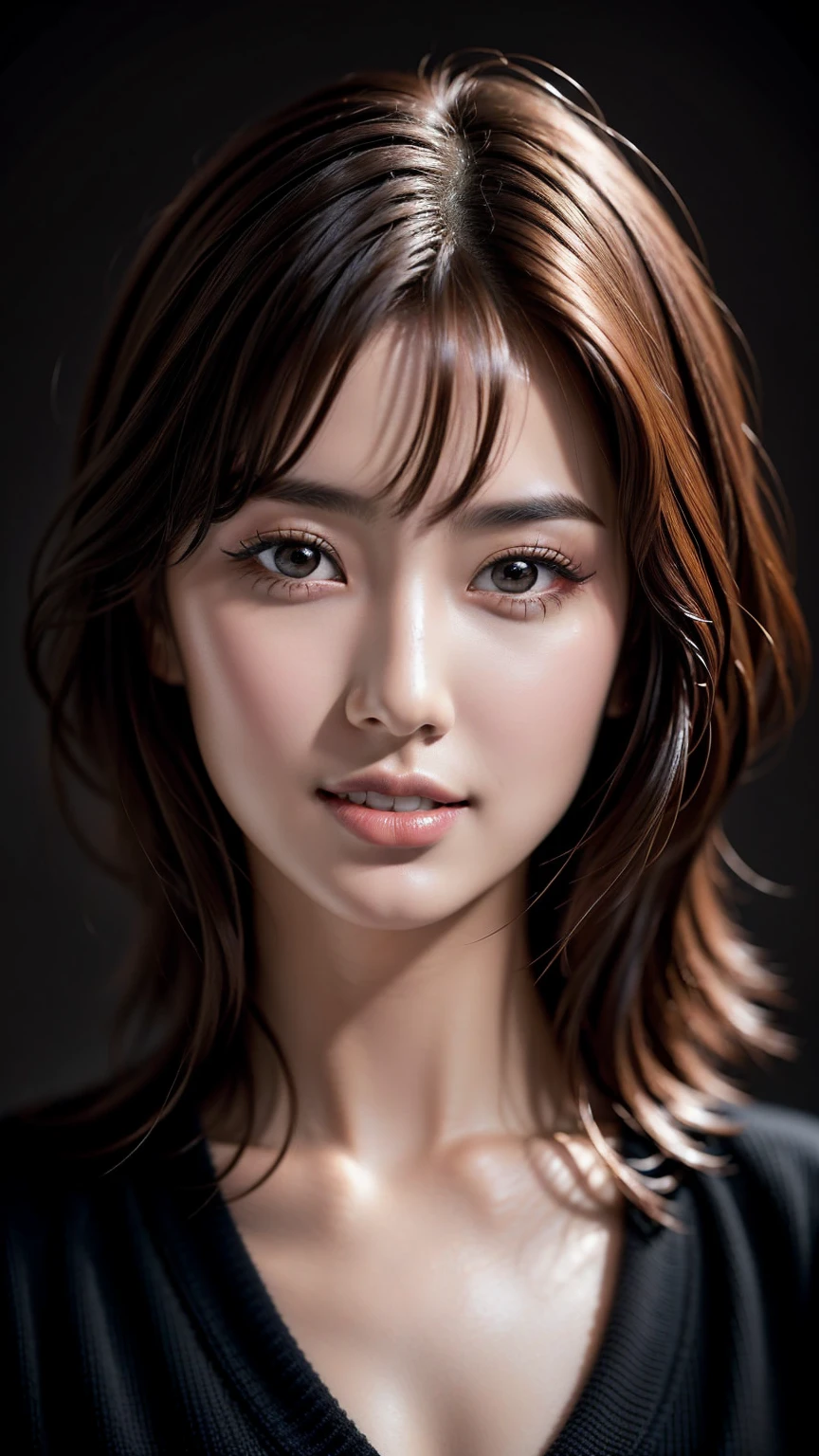 masterpiece, best quality, ultra-detailed, intricately detailed hyperdetailed, realistic, sharp features, highly detailed, sharp focus, A very beautiful and cute young Japanese girl, perfect face, perfect symmetrically eyes, perfect lips, flexible female form, hyper detailed, hyper realistic, high resolution, Underexpose Lighting, slim body, (discret smile, gentle expression), Red hair, thin hair, asymmetrical bangs, brown Eyes, black sweater, cowboy shot, ((Dark background)), (Dark room:1.3), (rim light:1.3), (Dimly light:1.3), (Dark night:1.3), (dark fantasy), 