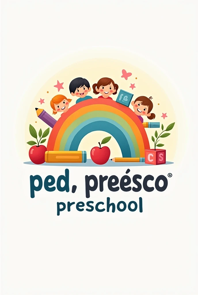 A logo with a drawing meaningful to education and pastel colors: rainbow examples, apple, pencil, children, cubes etc and that includes this “Ped. Preesco And the Spanish language is to embroider on a shirt, but don't make the shirt. And I like that rainbow, not so overloaded.
exactly like that but add the word preschool too