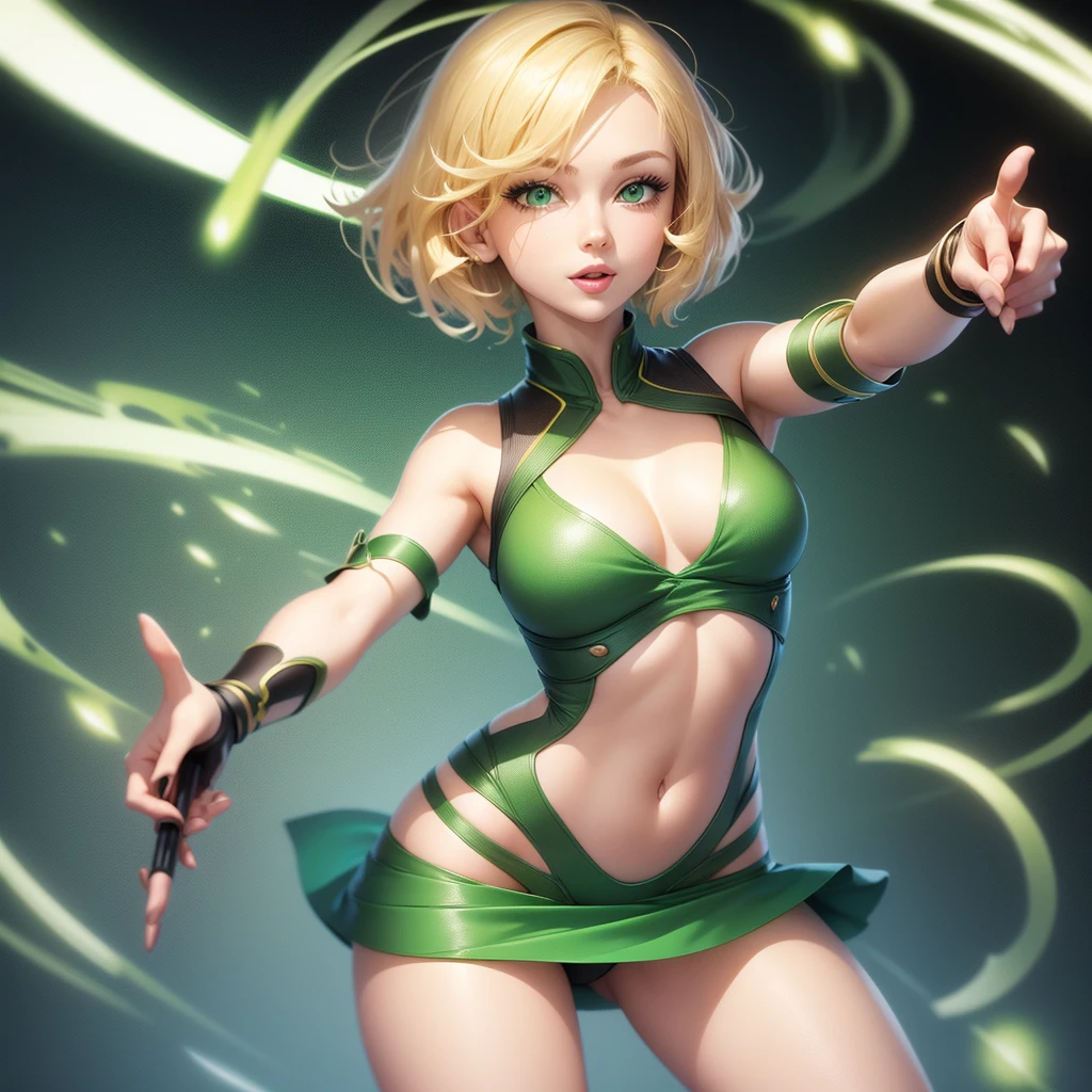 draw a white-skinned woman, bright green eyes short wavy hair, blonde, android without clothes, short skirt, pronounced bust, short hair, joy pointing to camera, drill tail