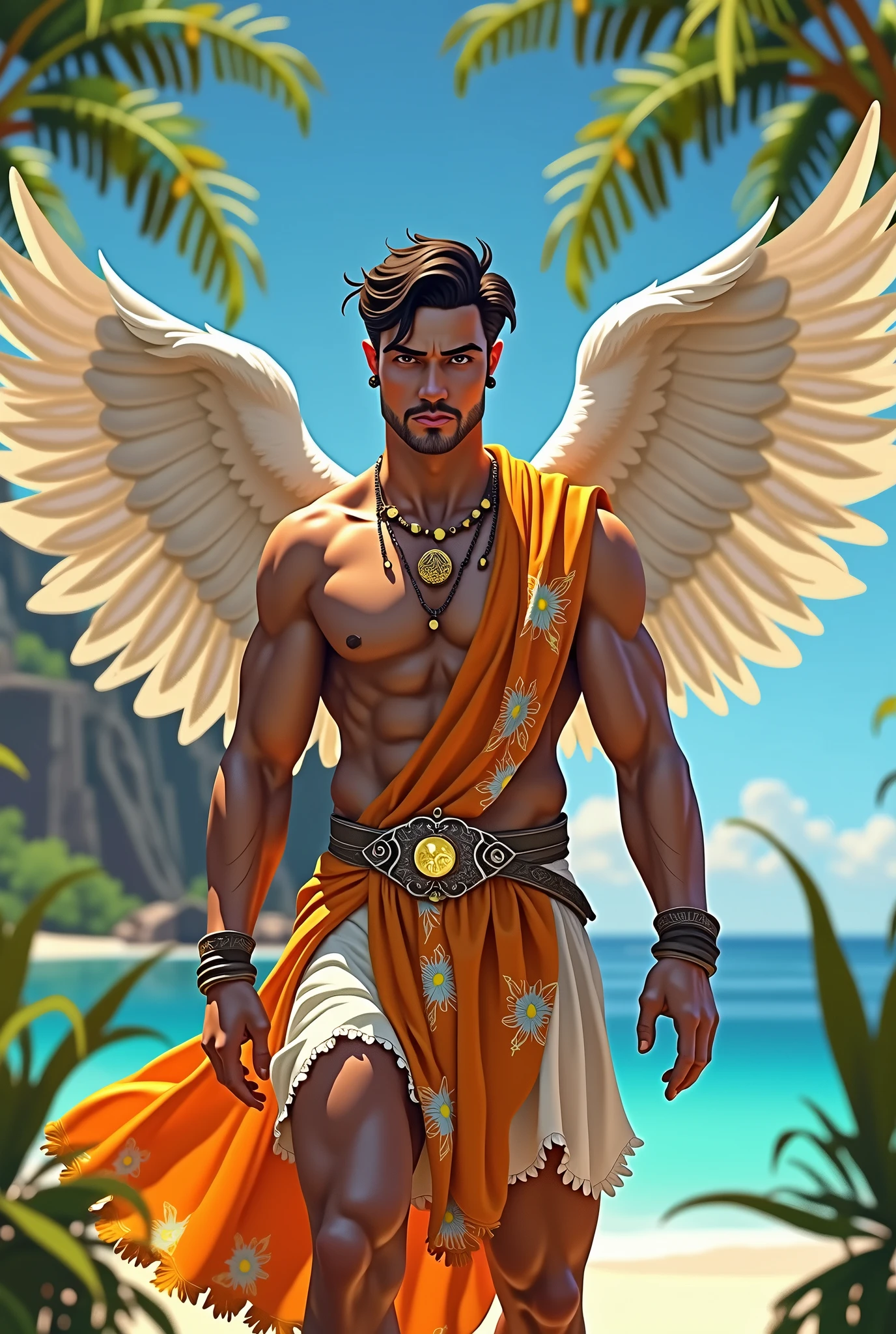 Hermes picture with a fortune ring, wearing an island outfit, and wings.