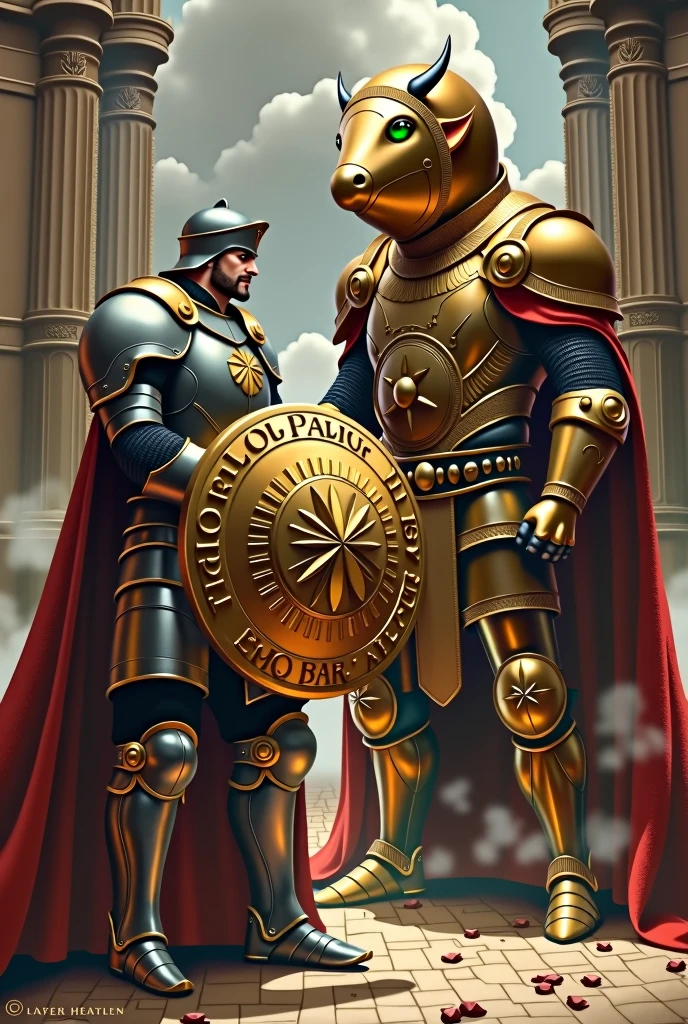 knight in shining armor and a beautiful coin-shaped shield in hand and a king with a large head in the shape of a coin, both ready to attack.